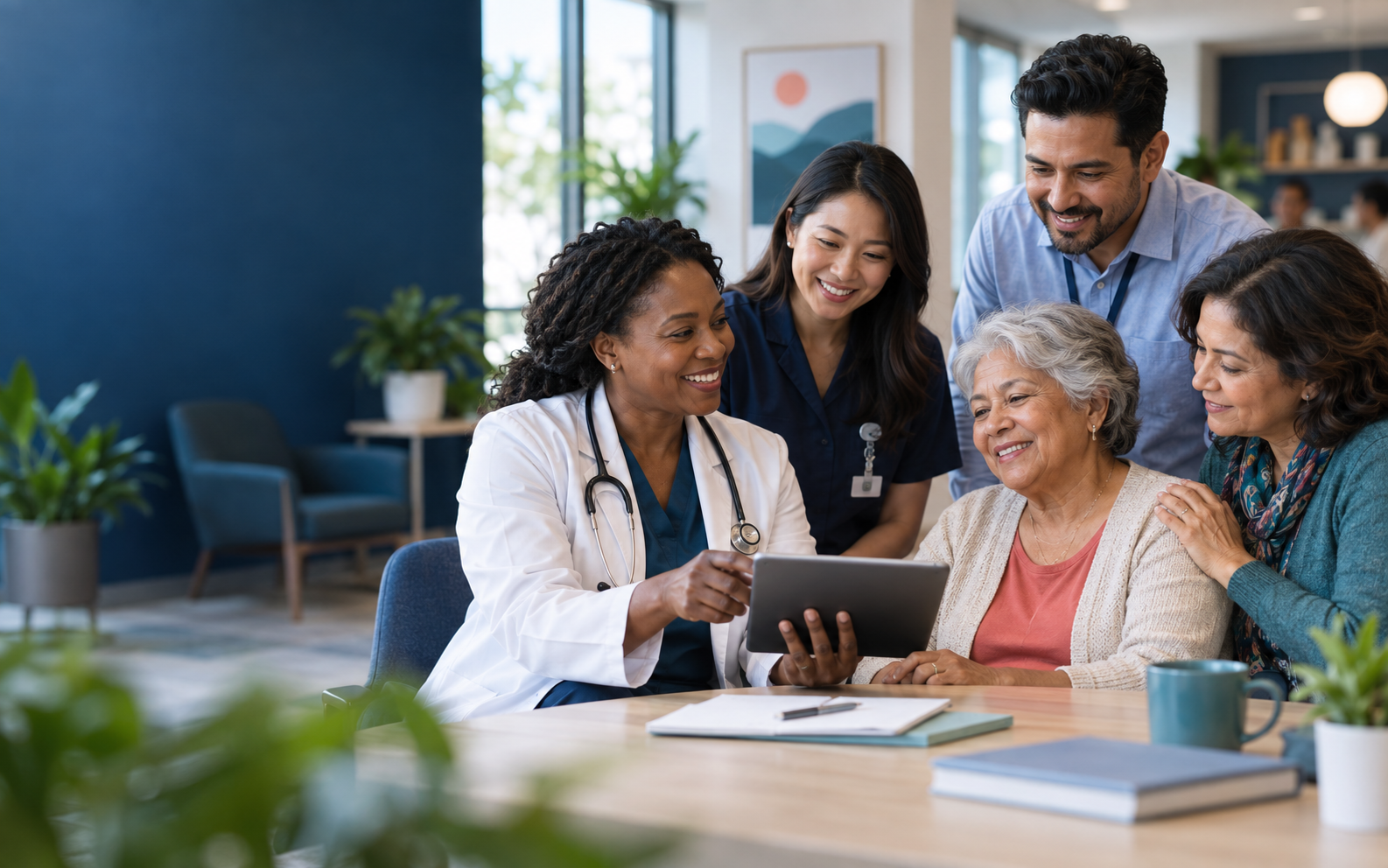 A diverse care team, an older adult, and a caregiver reviewing information together on a tablet